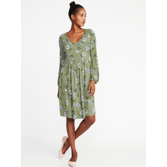 Long sleeve vneck fit & flare dress, floral print - Picture 1 of 5